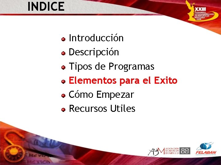 INDICE Introducción Descripción Tipos de Programas Elementos para el Exito Cómo Empezar Recursos Utiles