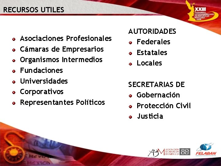 RECURSOS UTILES Asociaciones Profesionales Cámaras de Empresarios Organismos Intermedios Fundaciones Universidades Corporativos Representantes Políticos