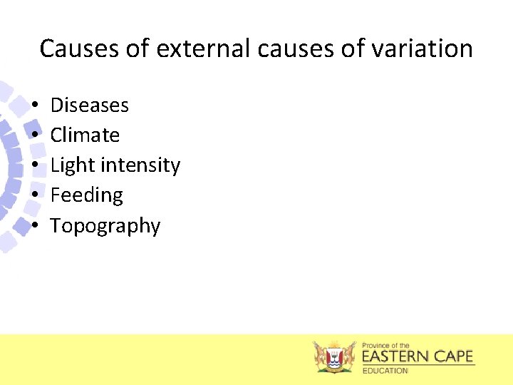 Causes of external causes of variation • • • Diseases Climate Light intensity Feeding