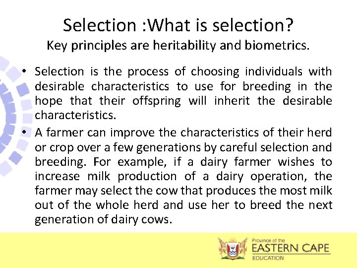 Selection : What is selection? Key principles are heritability and biometrics. • Selection is