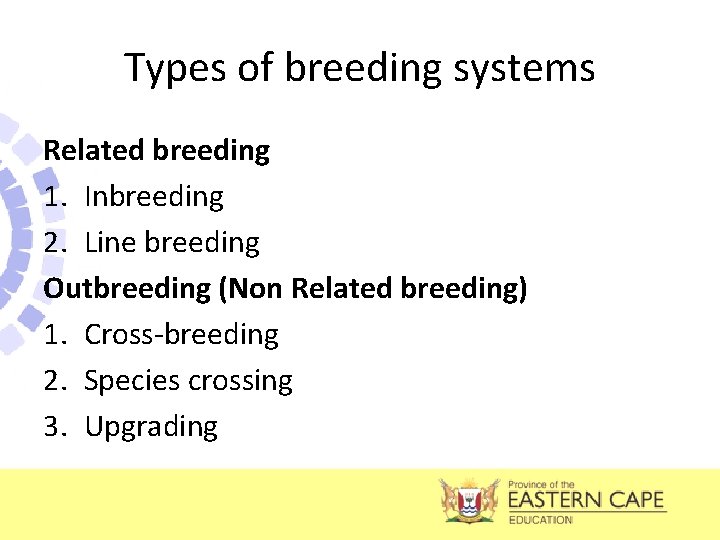 Types of breeding systems Related breeding 1. Inbreeding 2. Line breeding Outbreeding (Non Related