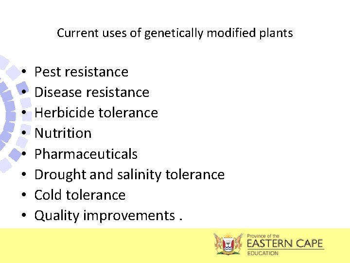 Current uses of genetically modified plants • • Pest resistance Disease resistance Herbicide tolerance