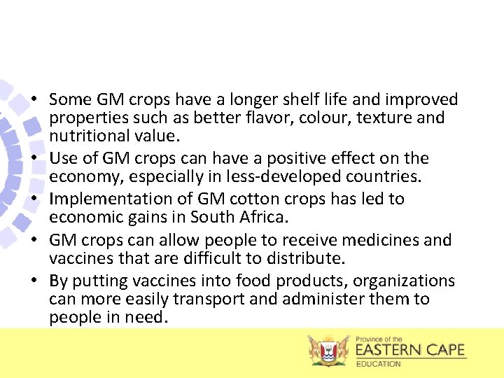  • Some GM crops have a longer shelf life and improved properties such
