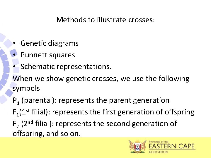 Methods to illustrate crosses: • Genetic diagrams • Punnett squares • Schematic representations. When