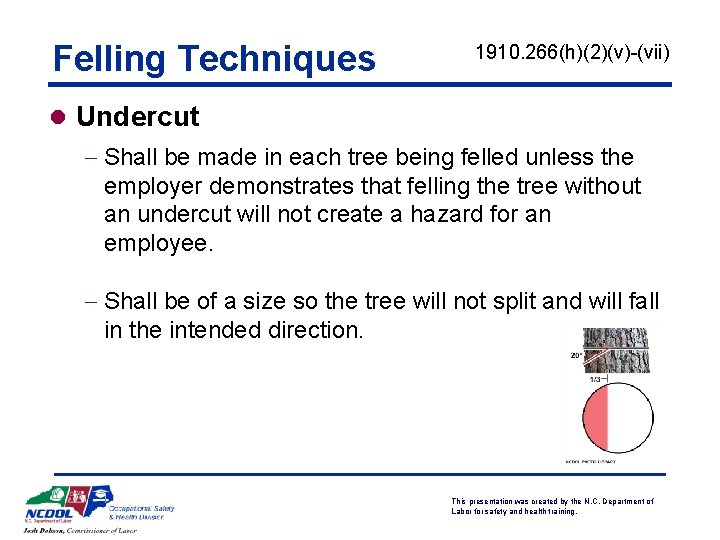 Felling Techniques 1910. 266(h)(2)(v)-(vii) l Undercut - Shall be made in each tree being