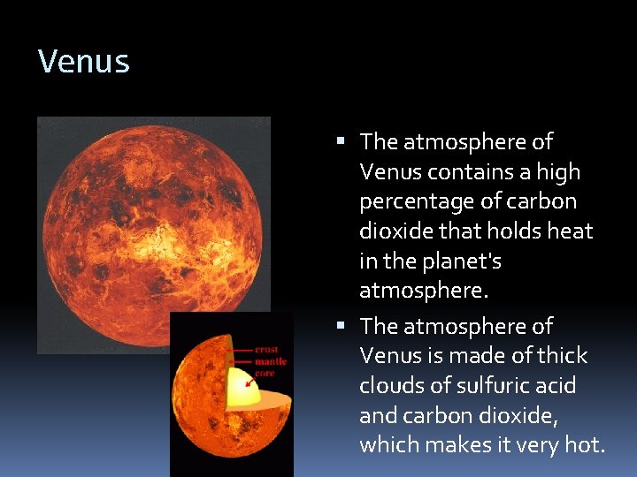 Venus The atmosphere of Venus contains a high percentage of carbon dioxide that holds