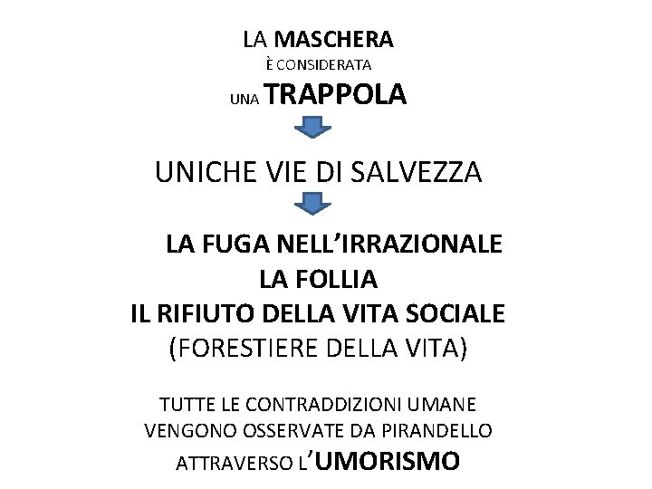 LA MASCHERA È CONSIDERATA UNA TRAPPOLA UNICHE VIE DI SALVEZZA LA FUGA NELL’IRRAZIONALE LA