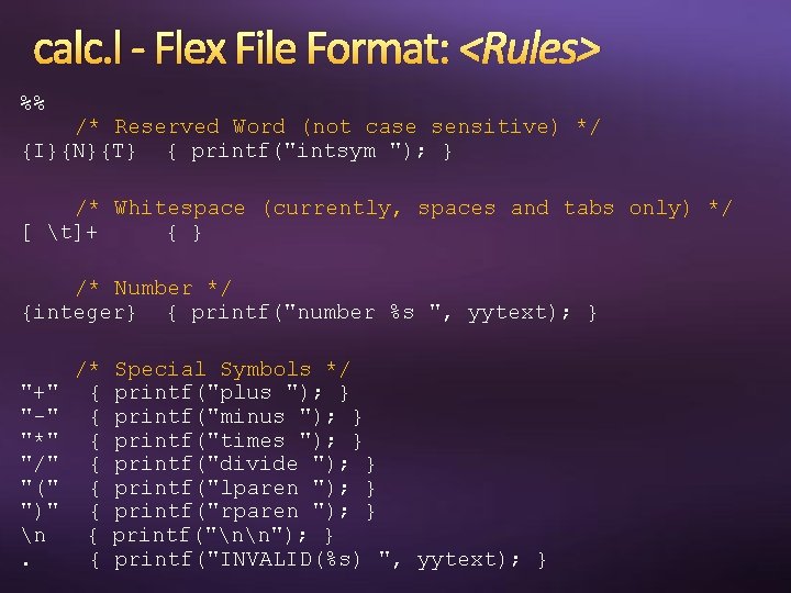 calc. l - Flex File Format: <Rules> %% /* Reserved Word (not case sensitive)