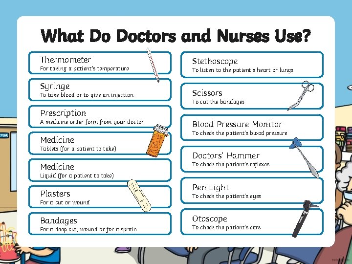 What Do Doctors and Nurses Use? Thermometer For taking a patient’s temperature Syringe To