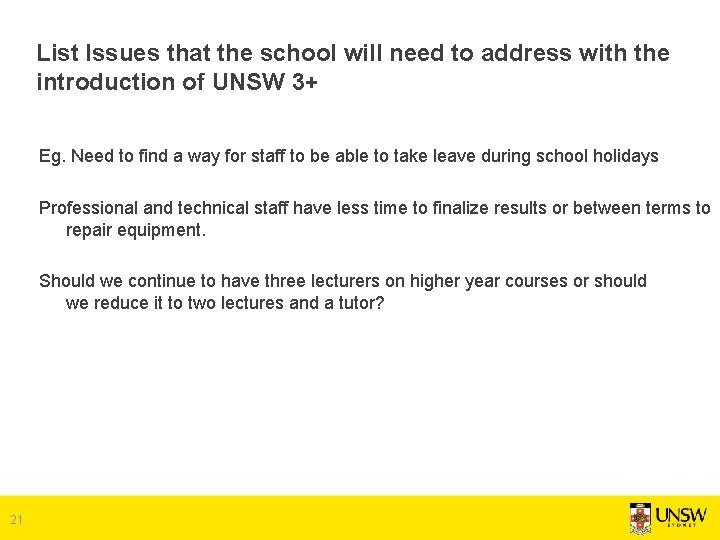 List Issues that the school will need to address with the introduction of UNSW List Issues that the school will need to address with the introduction of UNSW