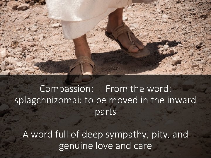 Compassion: From the word: splagchnizomai: to be moved in the inward parts A word