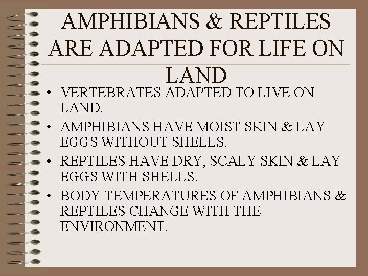 AMPHIBIANS & REPTILES ARE ADAPTED FOR LIFE ON LAND • VERTEBRATES ADAPTED TO LIVE