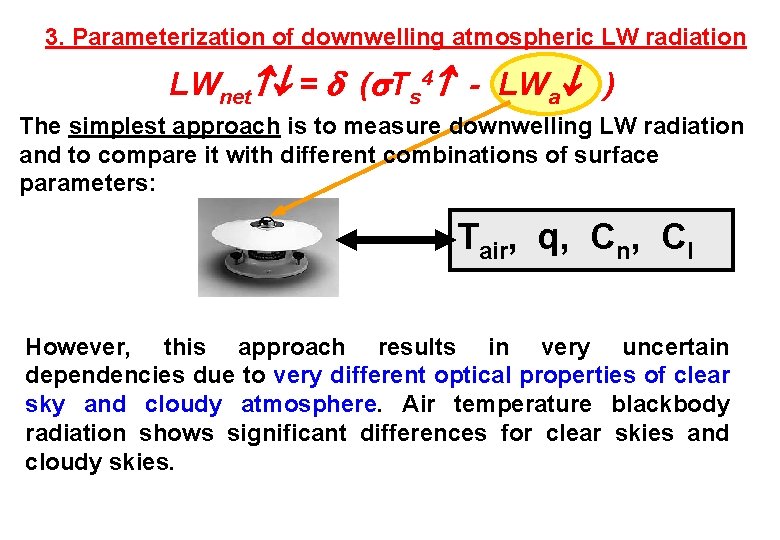 3. Parameterization of downwelling atmospheric LW radiation LWnet = ( Ts 4 - LWa
