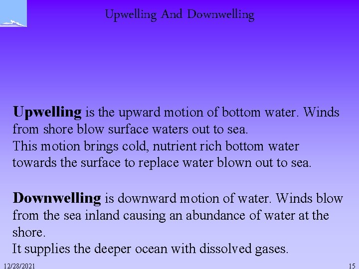 Upwelling And Downwelling Upwelling is the upward motion of bottom water. Winds from shore Upwelling And Downwelling Upwelling is the upward motion of bottom water. Winds from shore