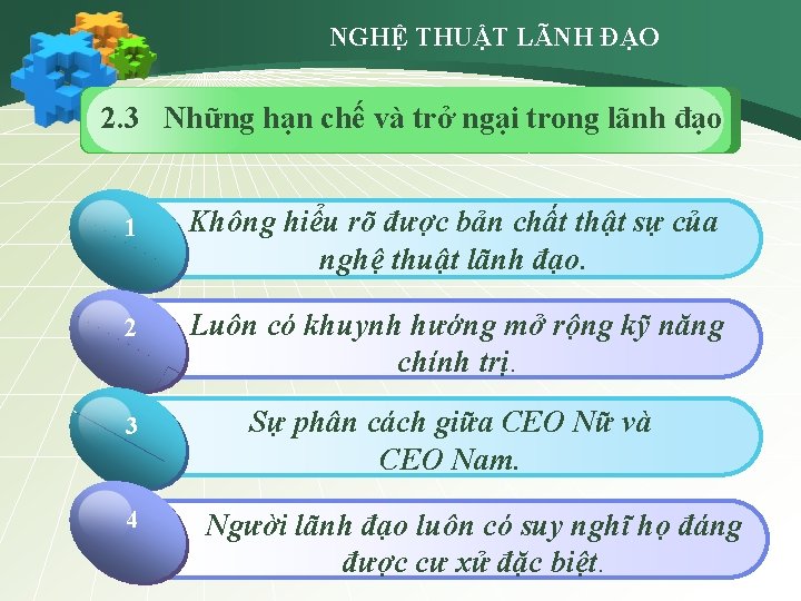 NGHỆ THUẬT LÃNH ĐẠO 2. 3 Những hạn chế và trở ngại trong lãnh