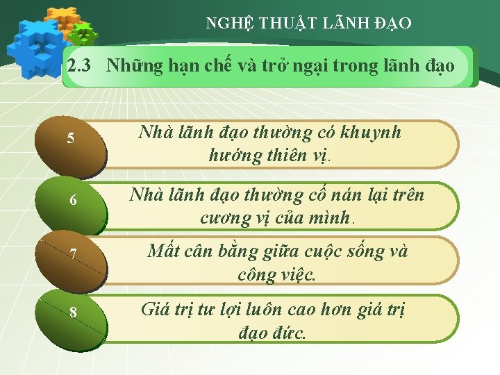 NGHỆ THUẬT LÃNH ĐẠO 2. 3 Những hạn chế và trở ngại trong lãnh