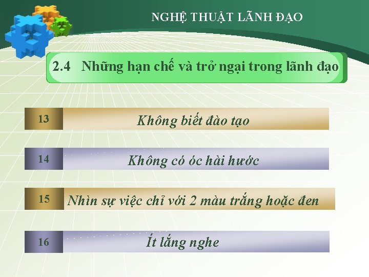 NGHỆ THUẬT LÃNH ĐẠO 2. 4 Những hạn chế và trở ngại trong lãnh