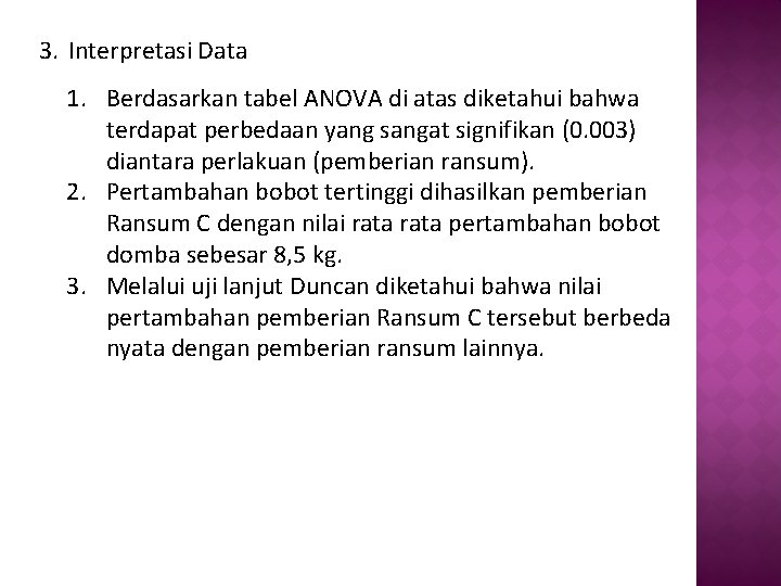 3. Interpretasi Data 1. Berdasarkan tabel ANOVA di atas diketahui bahwa terdapat perbedaan yang