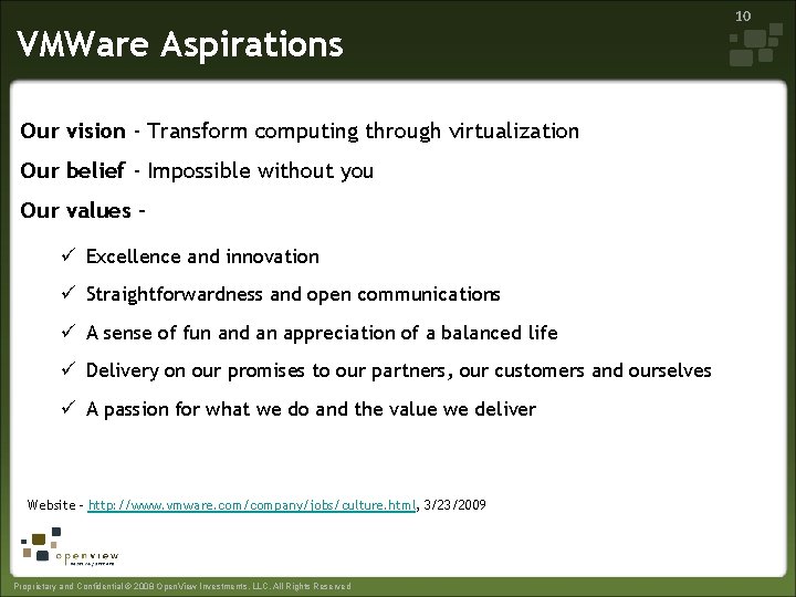 VMWare Aspirations Our vision - Transform computing through virtualization Our belief - Impossible without