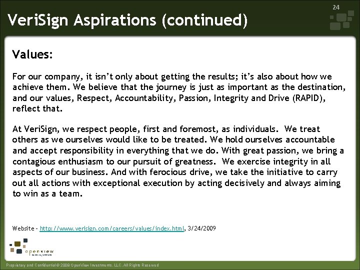 Veri. Sign Aspirations (continued) 24 Values: For our company, it isn’t only about getting