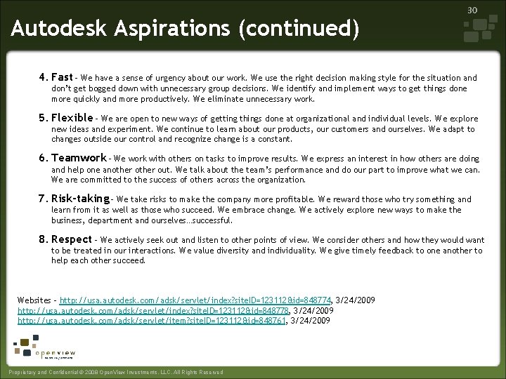 Autodesk Aspirations (continued) 30 4. Fast - We have a sense of urgency about