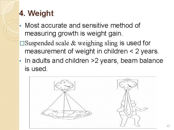 4. Weight Most accurate and sensitive method of measuring growth is weight gain. �Suspended