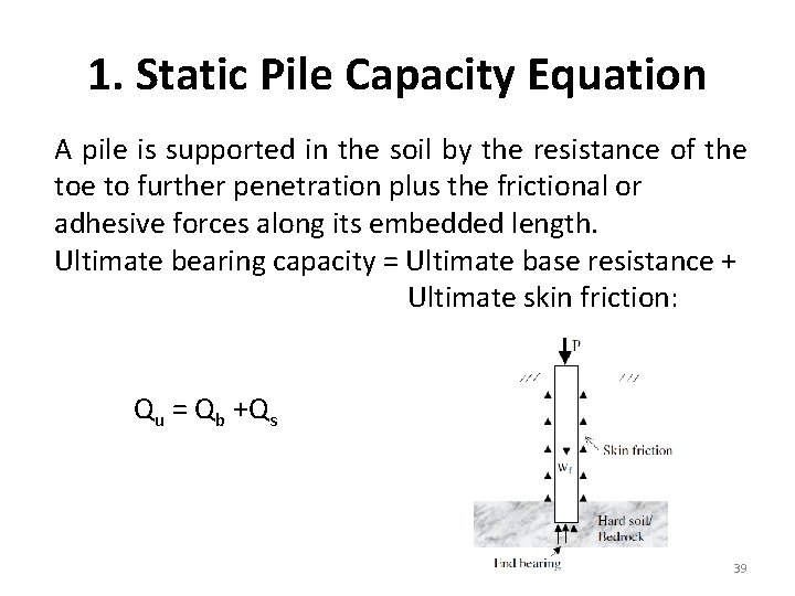 1. Static Pile Capacity Equation A pile is supported in the soil by the