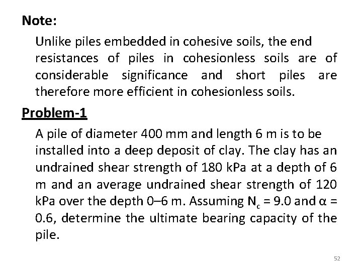 Note: Unlike piles embedded in cohesive soils, the end resistances of piles in cohesionless