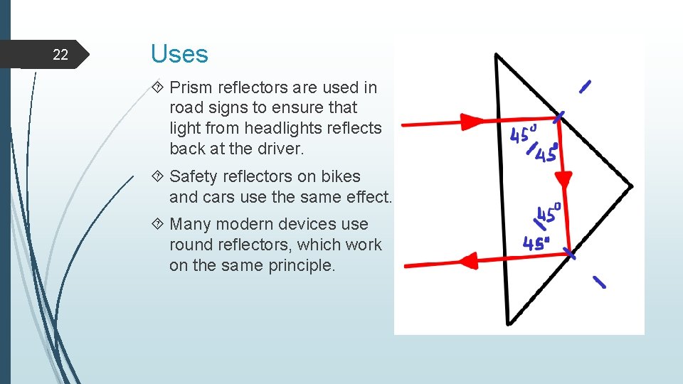 22 Uses Prism reflectors are used in road signs to ensure that light from