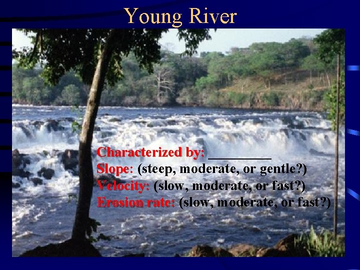 Young River Characterized by: _____ Slope: Slope (steep, moderate, or gentle? ) Velocity: (slow,