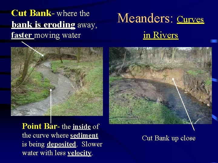 Cut Bank- where the bank is eroding away, faster moving water Meanders: Curves in