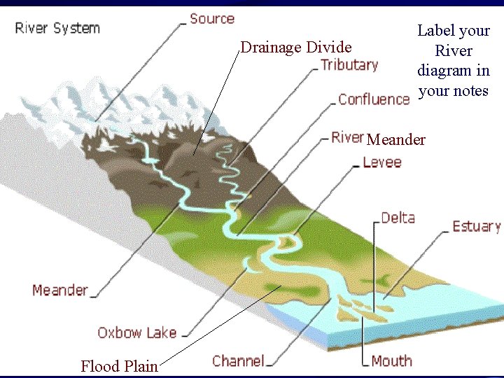Drainage Divide Label your River diagram in your notes Meander Flood Plain 
