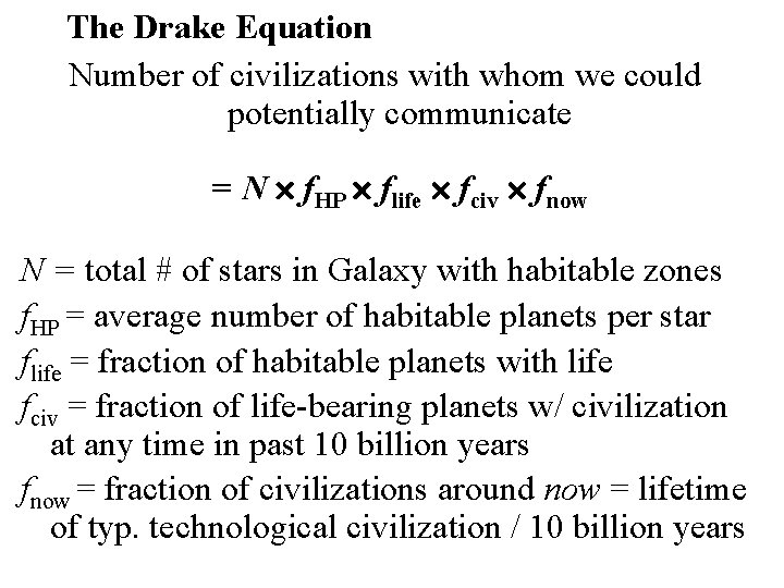 The Drake Equation Number of civilizations with whom we could potentially communicate = N