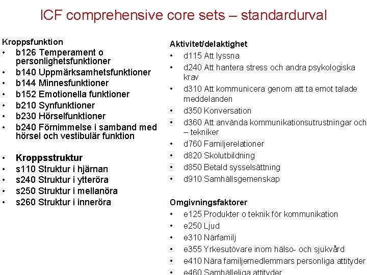 ICF comprehensive core sets – standardurval Kroppsfunktion • • • b 126 Temperament o