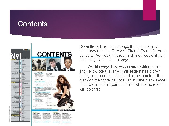 Contents Down the left side of the page there is the music chart update