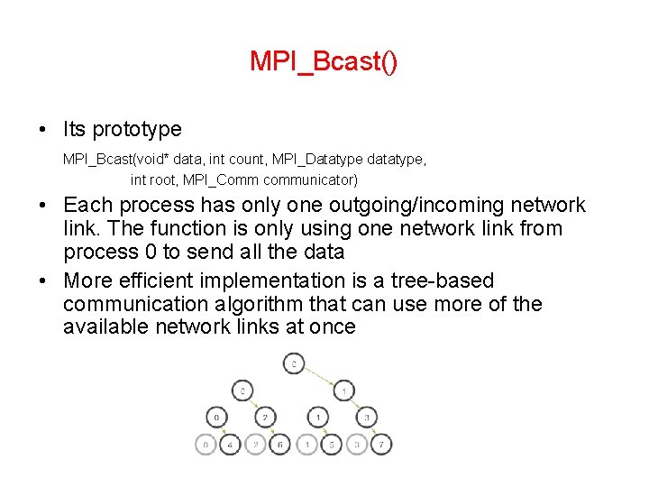 MPI_Bcast() • Its prototype MPI_Bcast(void* data, int count, MPI_Datatype datatype, int root, MPI_Comm communicator)