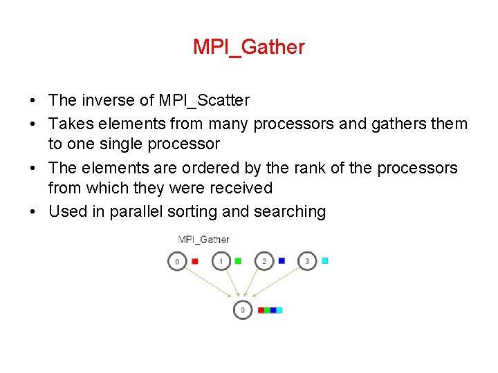 MPI_Gather • The inverse of MPI_Scatter • Takes elements from many processors and gathers