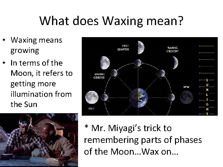 What does Waxing mean? • Waxing means growing • In terms of the Moon,