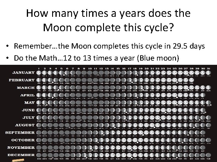 How many times a years does the Moon complete this cycle? • Remember…the Moon