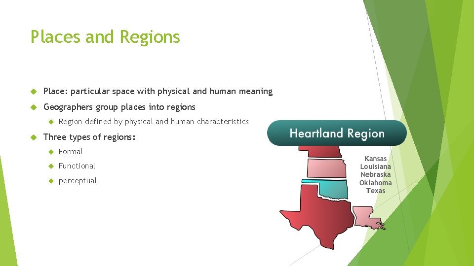 Places and Regions Place: particular space with physical and human meaning Geographers group places