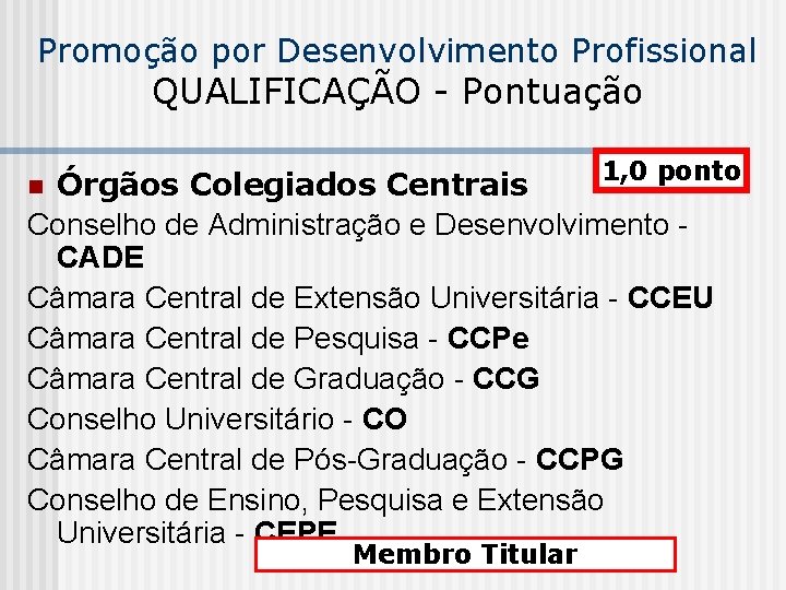 Promoção por Desenvolvimento Profissional QUALIFICAÇÃO - Pontuação 1, 0 ponto Órgãos Colegiados Centrais Conselho