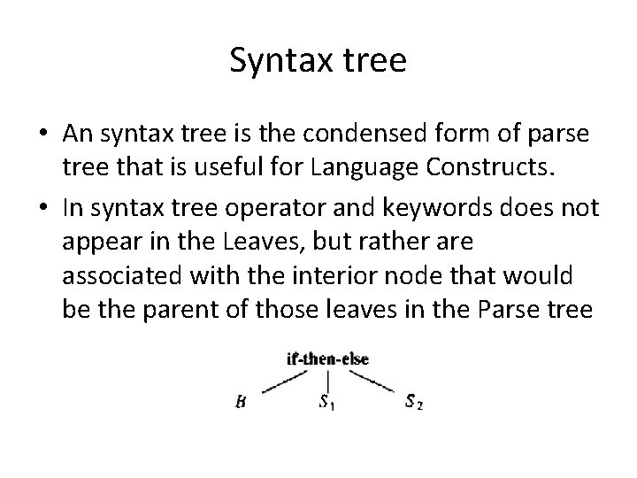 Syntax tree • An syntax tree is the condensed form of parse tree that