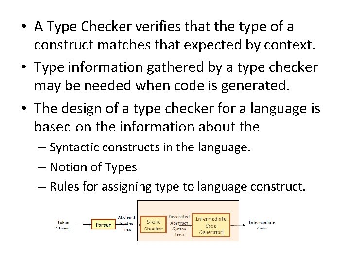  • A Type Checker verifies that the type of a construct matches that