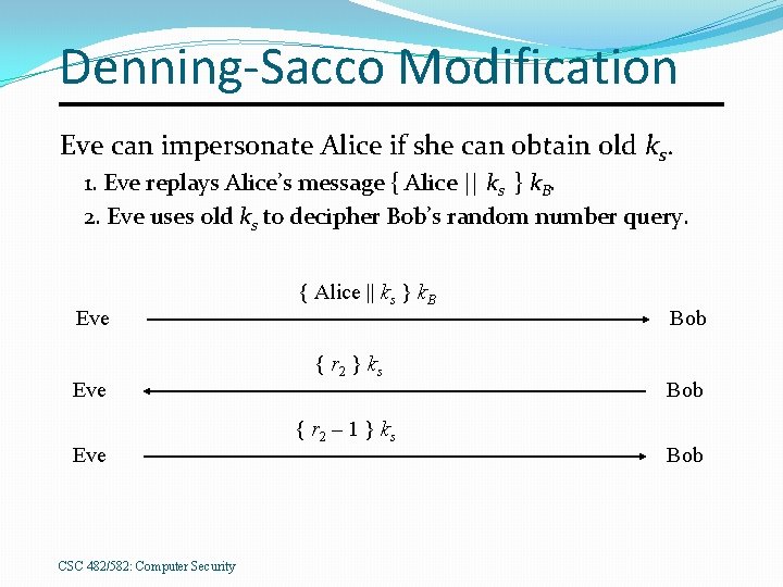 Denning-Sacco Modification Eve can impersonate Alice if she can obtain old ks. 1. Eve