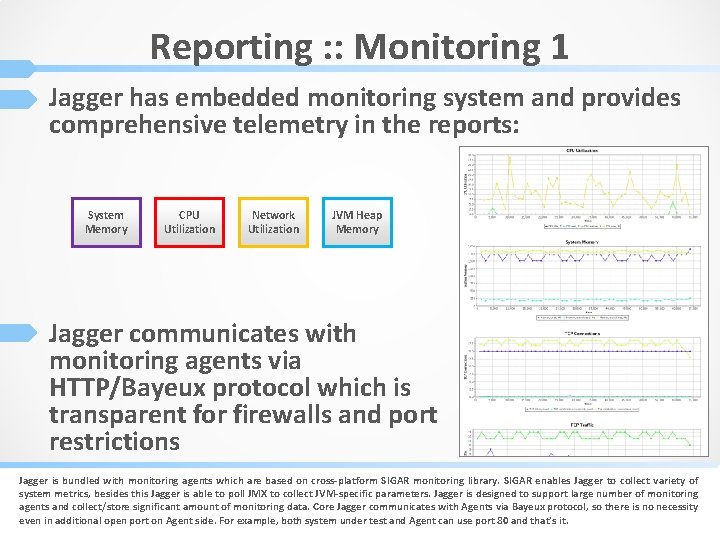 Reporting : : Monitoring 1 Jagger has embedded monitoring system and provides comprehensive telemetry