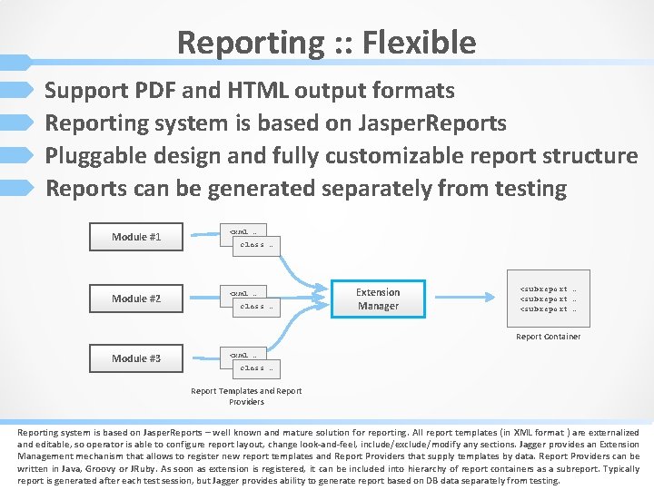 Reporting : : Flexible Support PDF and HTML output formats Reporting system is based