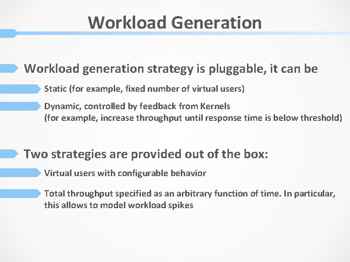Workload Generation Workload generation strategy is pluggable, it can be Static (for example, fixed