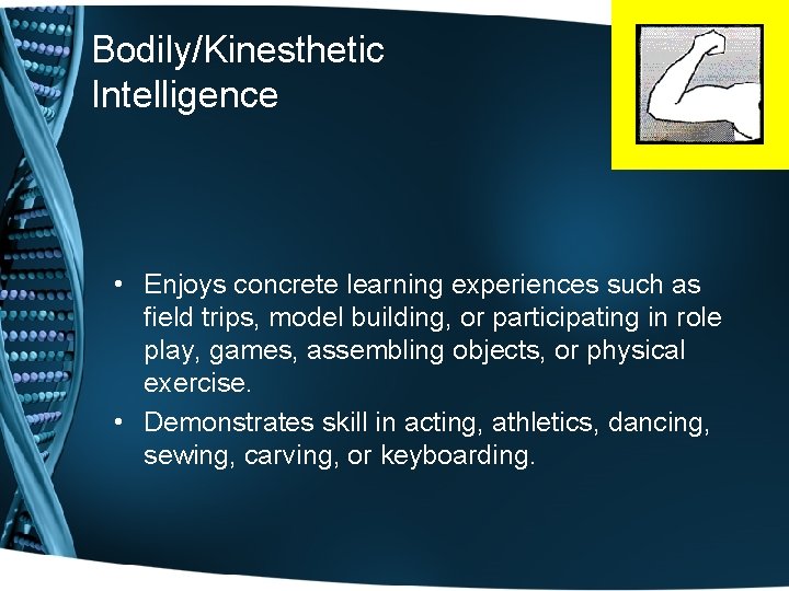 Bodily/Kinesthetic Intelligence • Enjoys concrete learning experiences such as field trips, model building, or