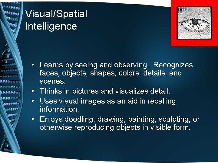 Visual/Spatial Intelligence • Learns by seeing and observing. Recognizes faces, objects, shapes, colors, details,