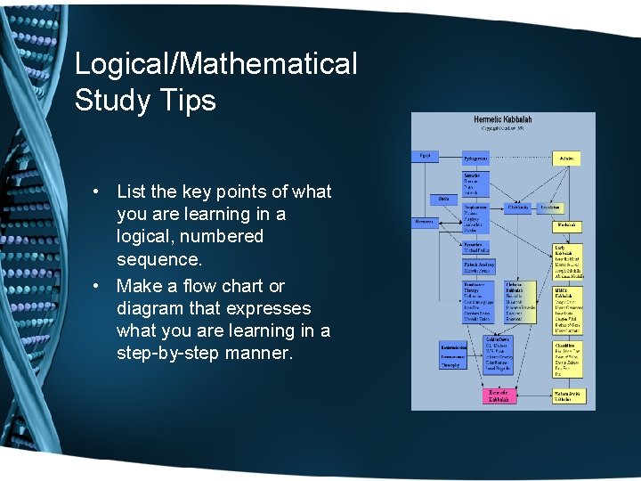 Logical/Mathematical Study Tips • List the key points of what you are learning in